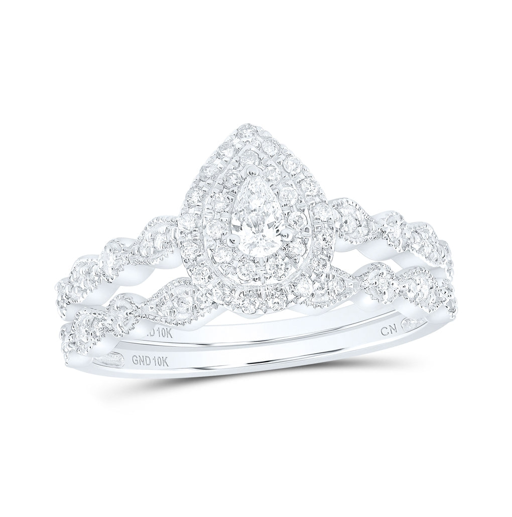 10K White Or Yellow Gold Pear Diamond Halo Bridal Wedding Ring Band Set , Womens Size: 5-10