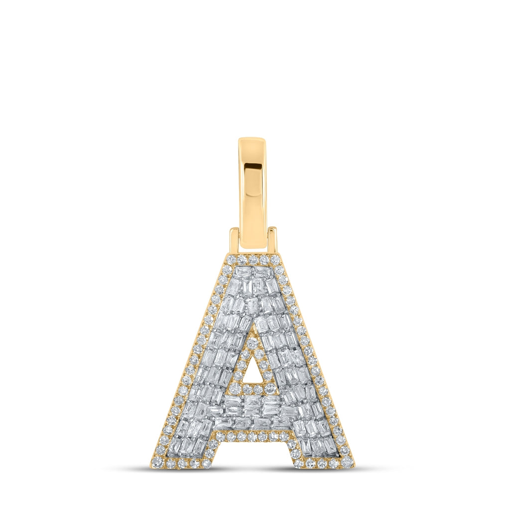 10K Yellow Gold Mens Baguette Diamond Initial Letter Charm Pendant
