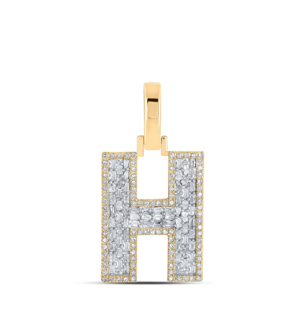 10K Yellow Gold Mens Baguette Diamond Initial Letter Charm Pendant