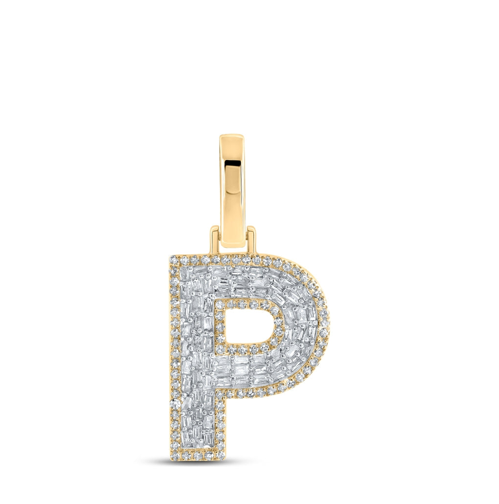10K Yellow Gold Mens Baguette Diamond Initial Letter Charm Pendant