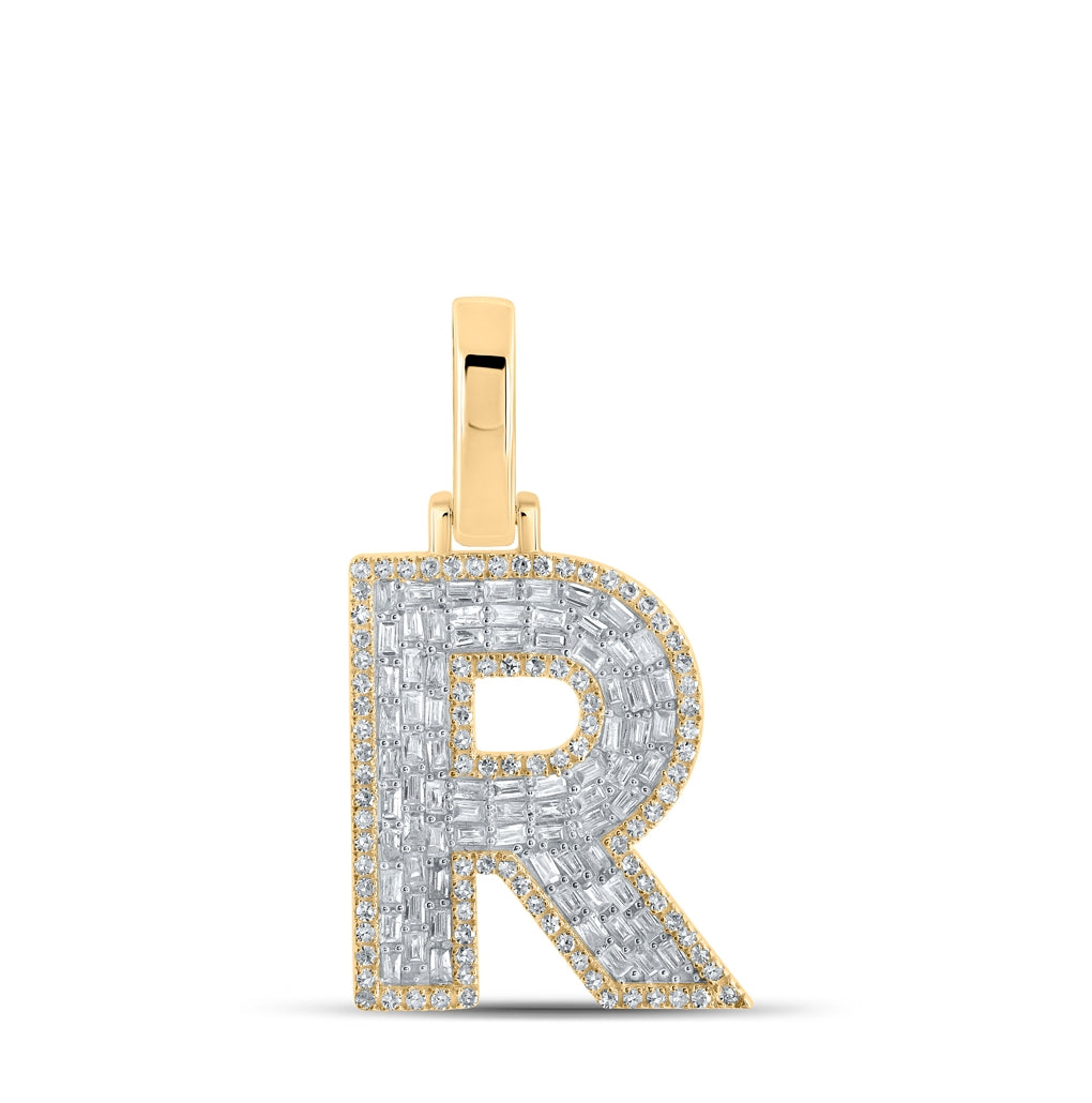 10K Yellow Gold Mens Baguette Diamond Initial Letter Charm Pendant