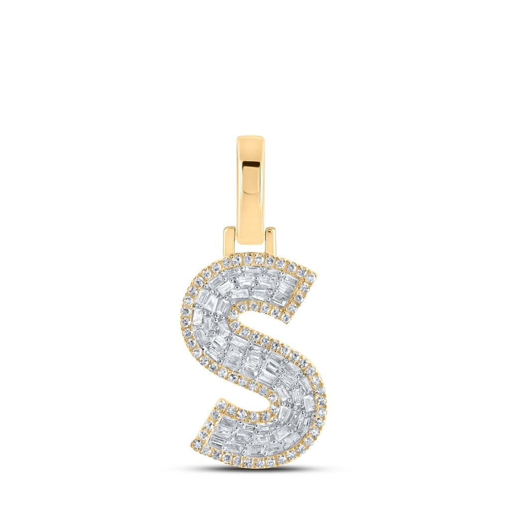 10K Yellow Gold Mens Baguette Diamond Initial Letter Charm Pendant