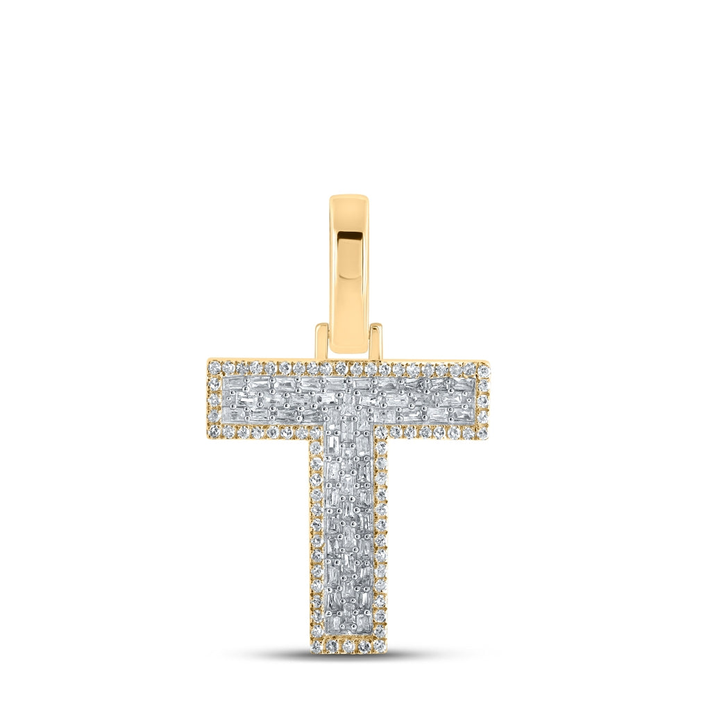 10K Yellow Gold Mens Baguette Diamond Initial Letter Charm Pendant