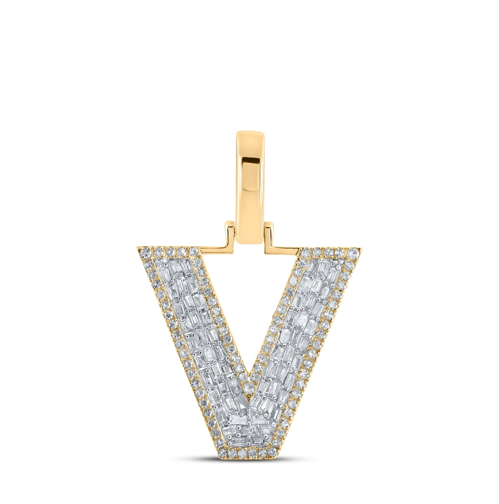 10K Yellow Gold Mens Baguette Diamond Initial Letter Charm Pendant