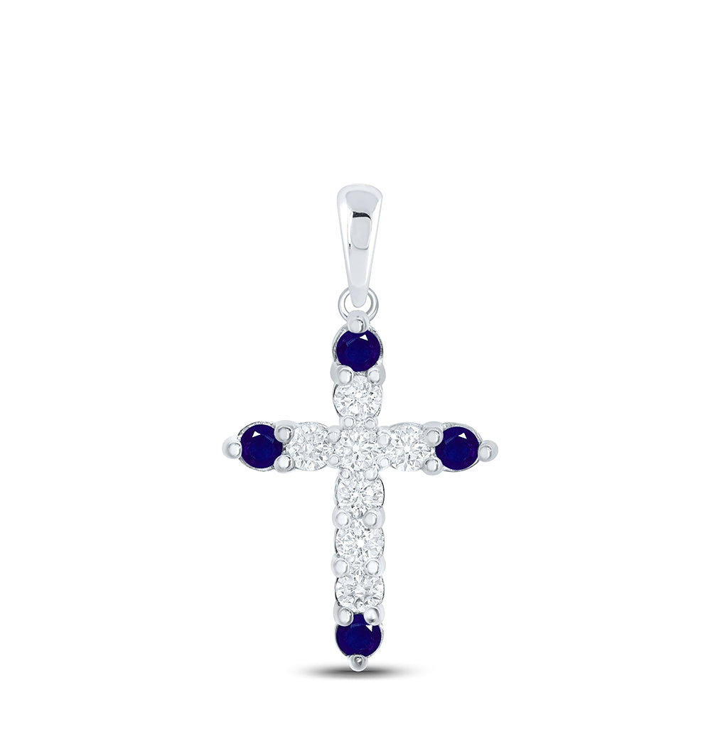 10K Yellow Or White Or Rose Gold Womens Round Blue Sapphire Diamond Cross Pendant