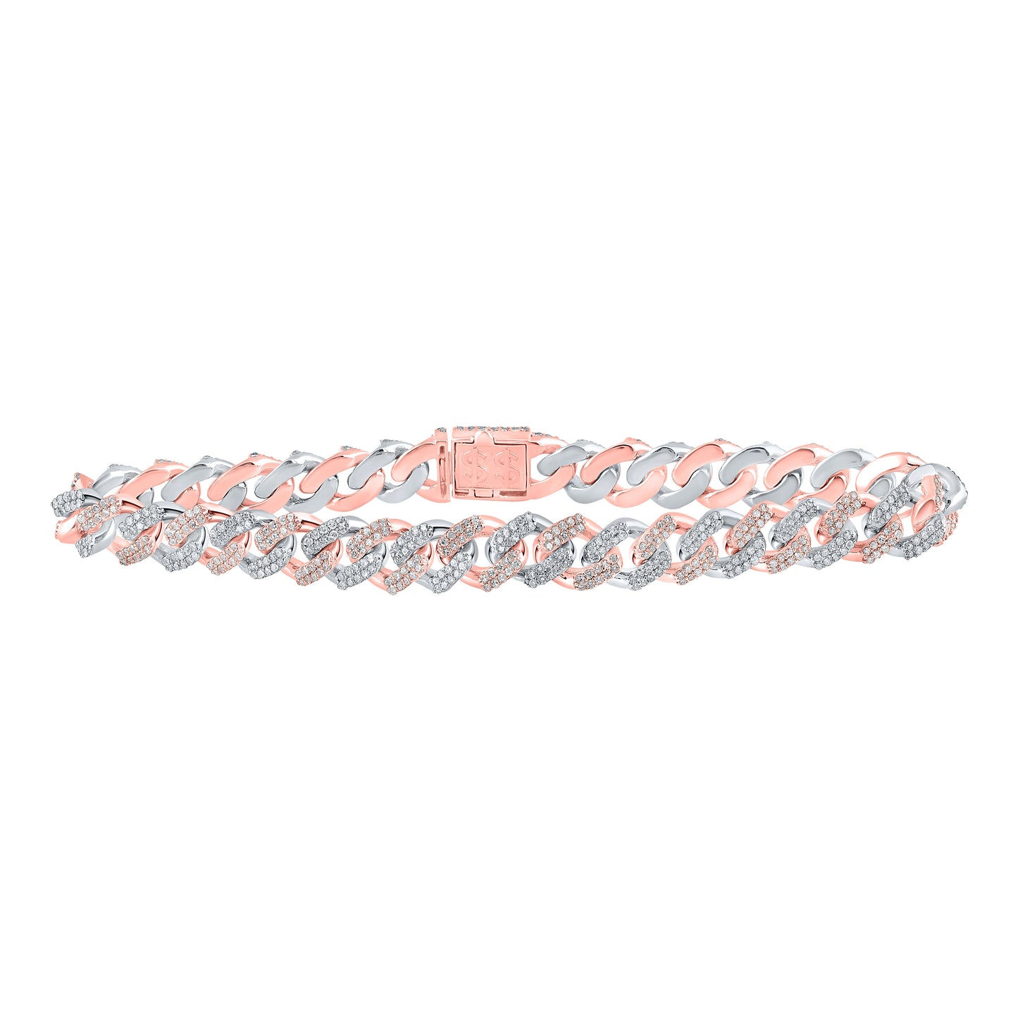 10K Two-tone Gold Womens Round Diamond Cuban Link Bracelet 3-1/4 Cttw