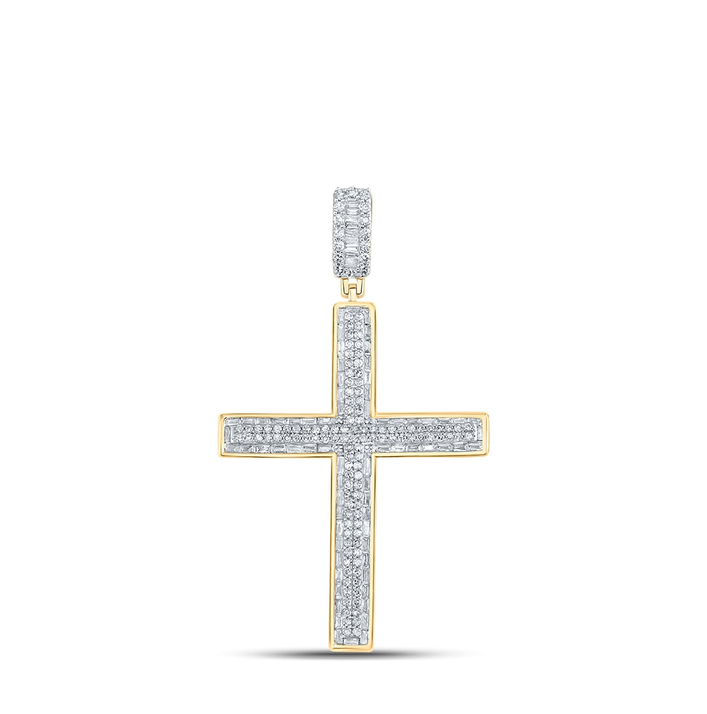 10K Yellow Gold Mens Baguette Diamond Cross Charm Pendant 1ctw