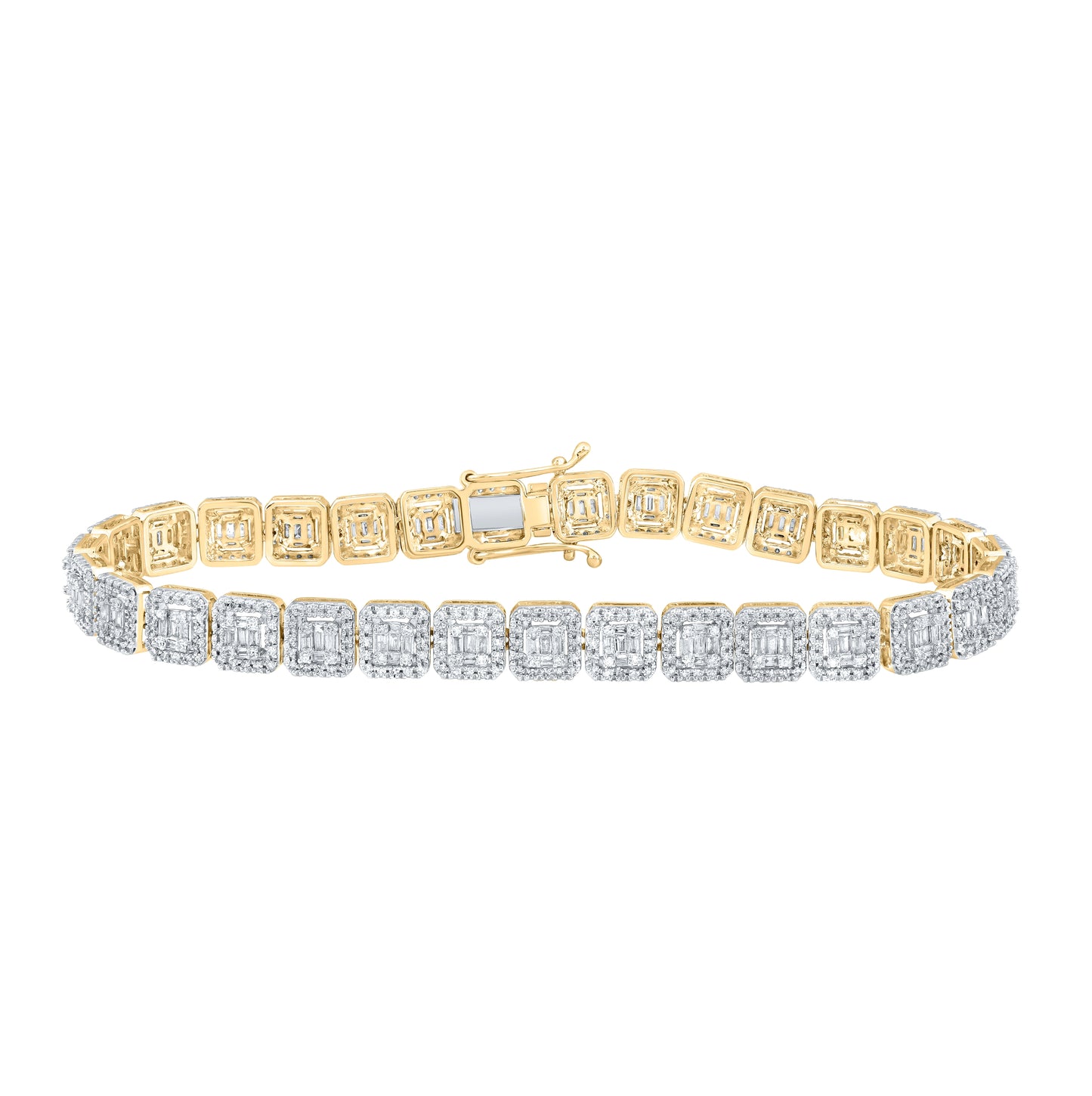 10K Yellow or Tri-Tone Gold Mens Baguette Diamond Link Bracelet