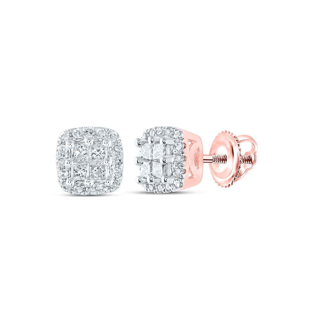 14K Rose Gold Womens Round Diamond Square Earrings 1/4 Cttw