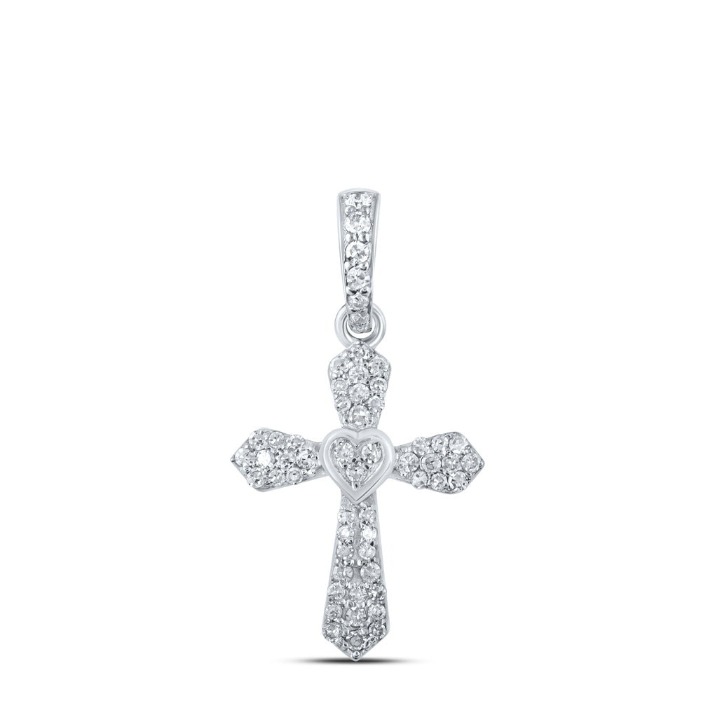 10K White Or Yellow Gold Womens Round Diamond Heart Cross Pendant