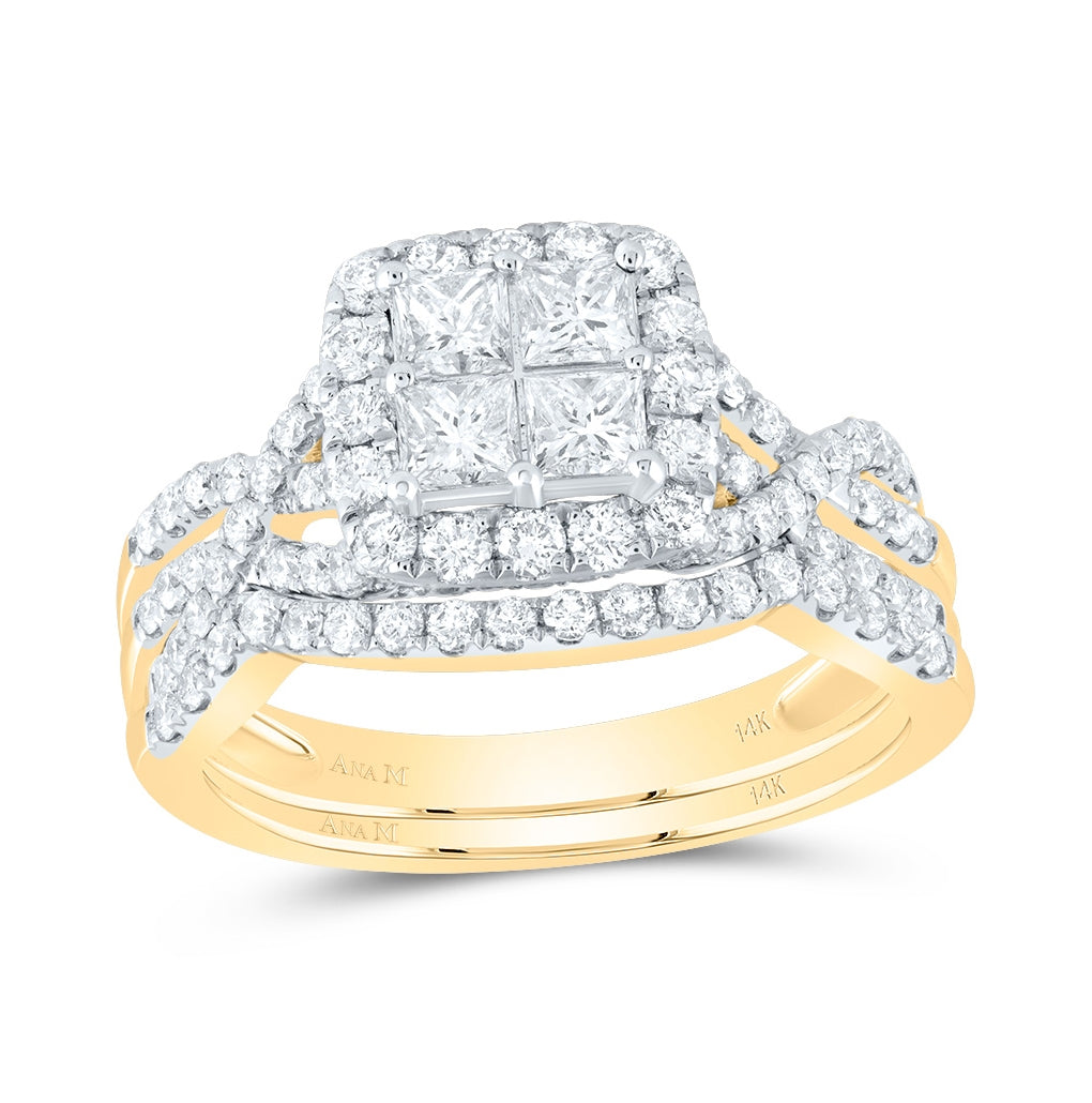 14K Yellow Gold Princess Dia. Bridal Wedding Ring Band Set 1-1/2ctw, Women's Size: 5-10