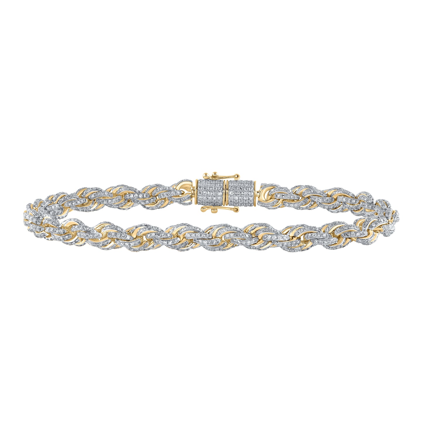 10K Yellow Gold Mens Round Diamond 8.5-inch Rope Chain Bracelet 6-1/5 Cttw, Length: 8.5 In, Width: 0.24 In