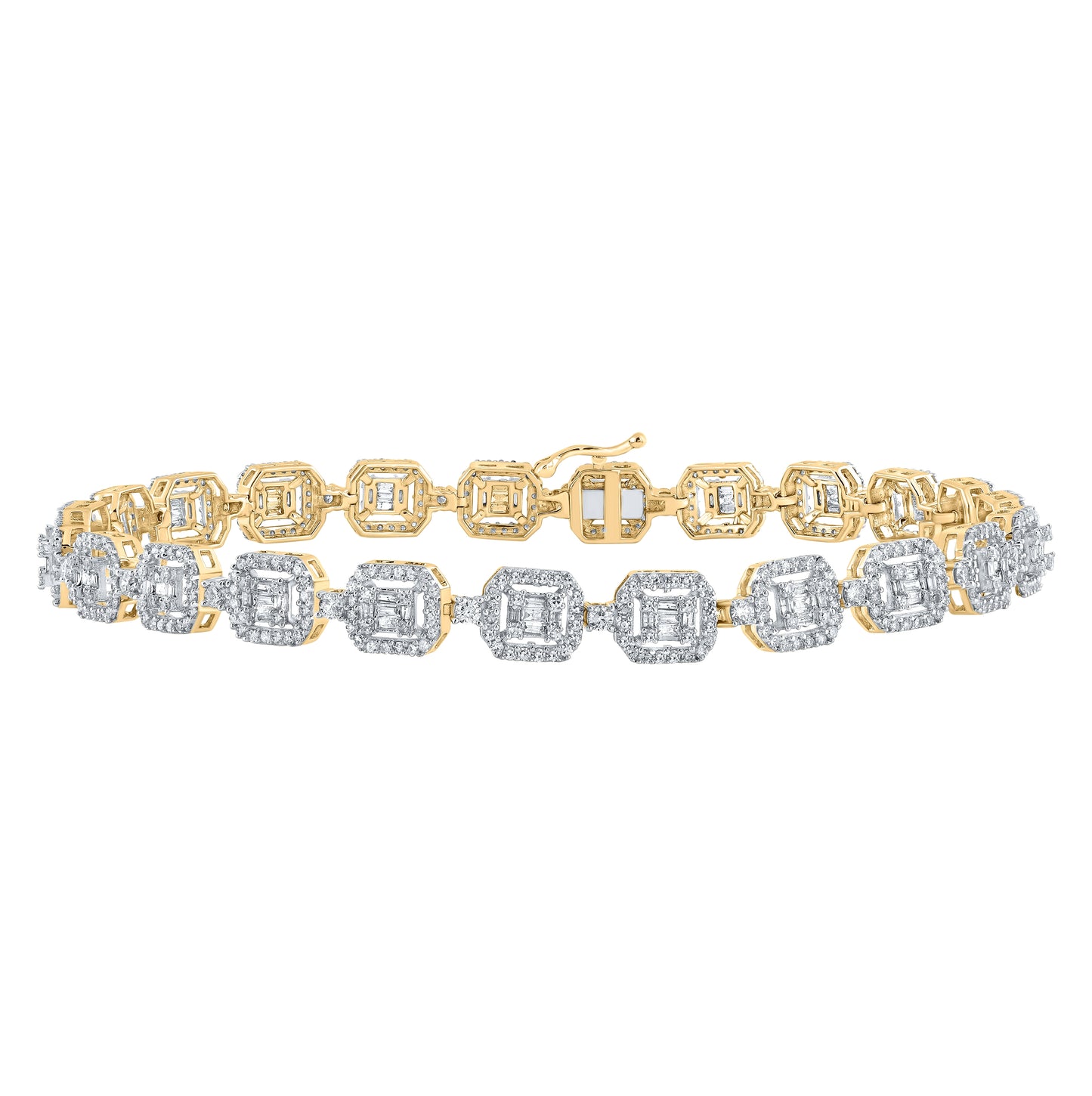 14K Yellow Gold Mens Baguette Diamond Geometric Link Bracelet 4 Cttw, Length: 8.5 In, Width: 0.29 In