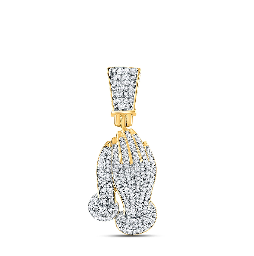 14K Yellow Gold Mens Round Diamond Prayer Hands Charm Pendant 3/8 Cttw, Length: 1.16 In, Width: 0.49 In