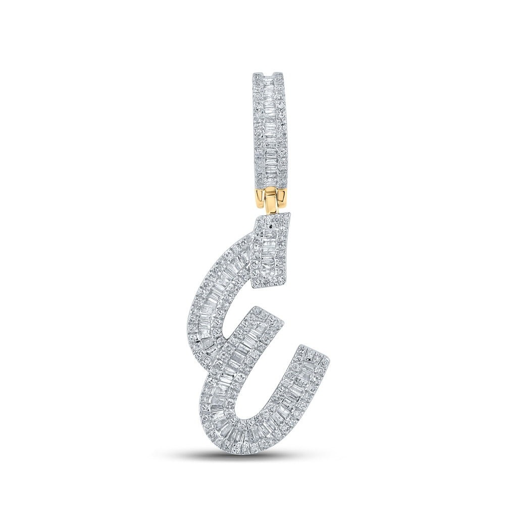 14K Yellow Gold Mens Baguette Diamond Initial Letter Charm Pendant