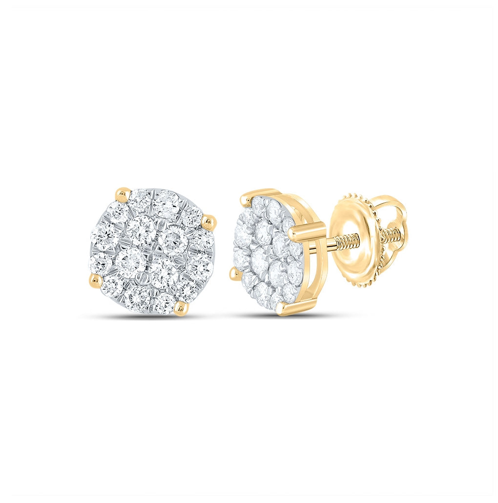 14K Yellow Gold Round Diamond Cluster Earrings 1/2 Cttw