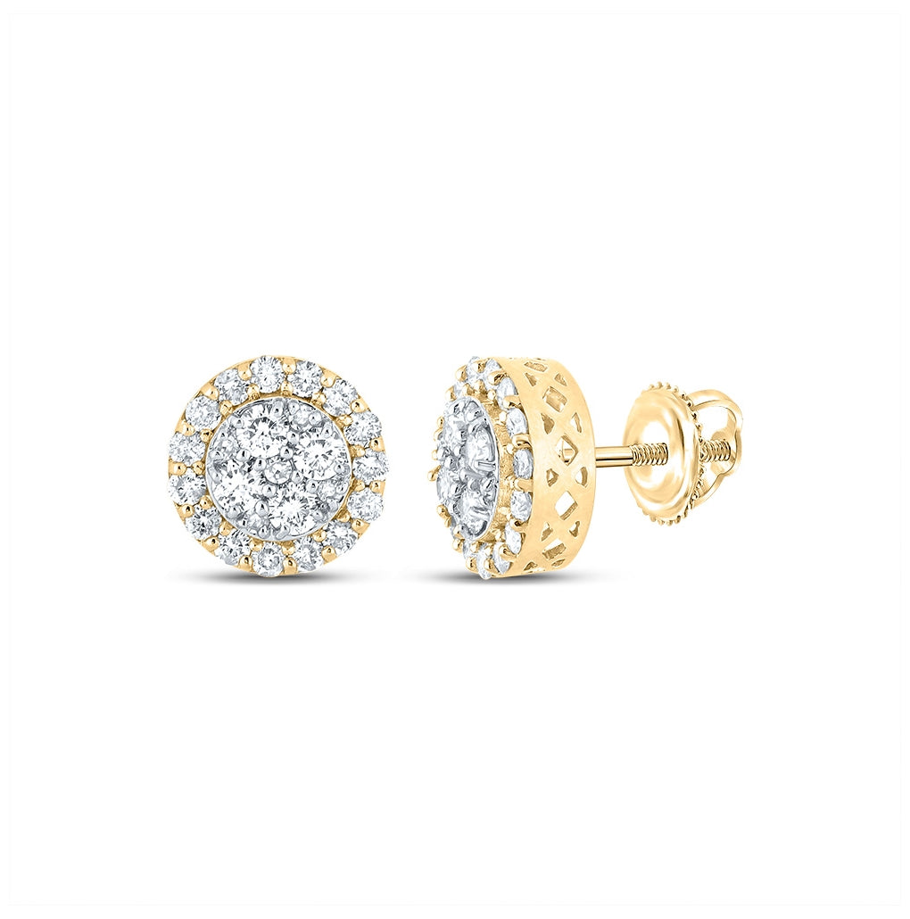 14K Yellow Gold Round Diamond Cluster Earrings 7/8 Cttw, Length: 0.34 In, Width: 0.34 In