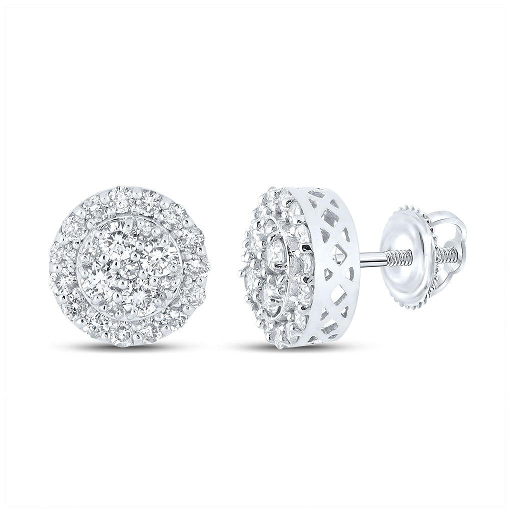 14K White Gold Round Diamond Cluster Earrings 7/8 Cttw, Length: 0.34 In, Width: 0.34 In