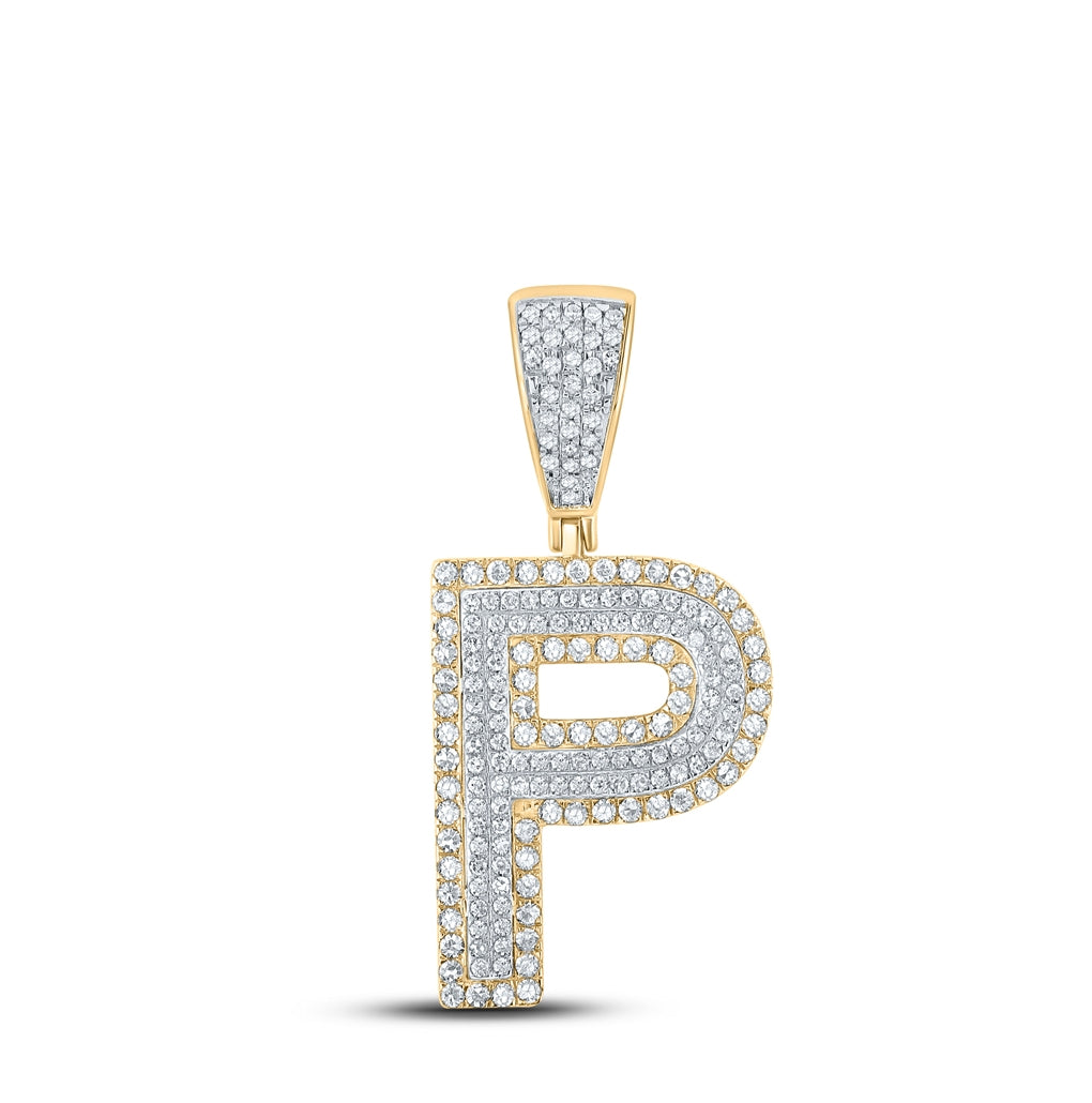 14K Two-tone Gold Mens Round Diamond Initial Letter Charm Pendant