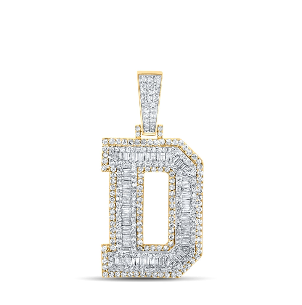 14K Two-tone Gold Mens Baguette Diamond Initial Letter Charm Pendant