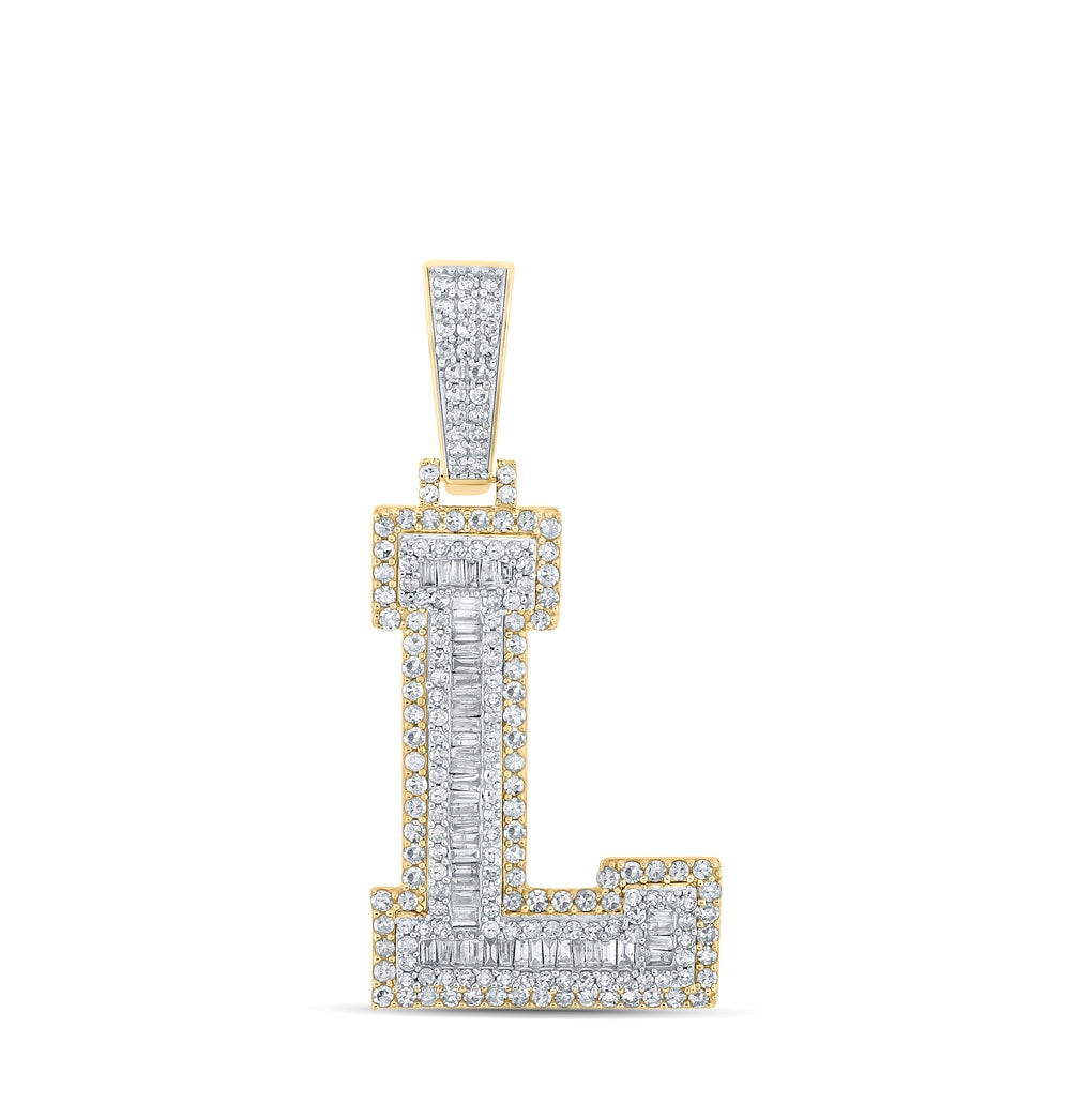 14K Two-tone Gold Mens Baguette Diamond Initial Letter Charm Pendant