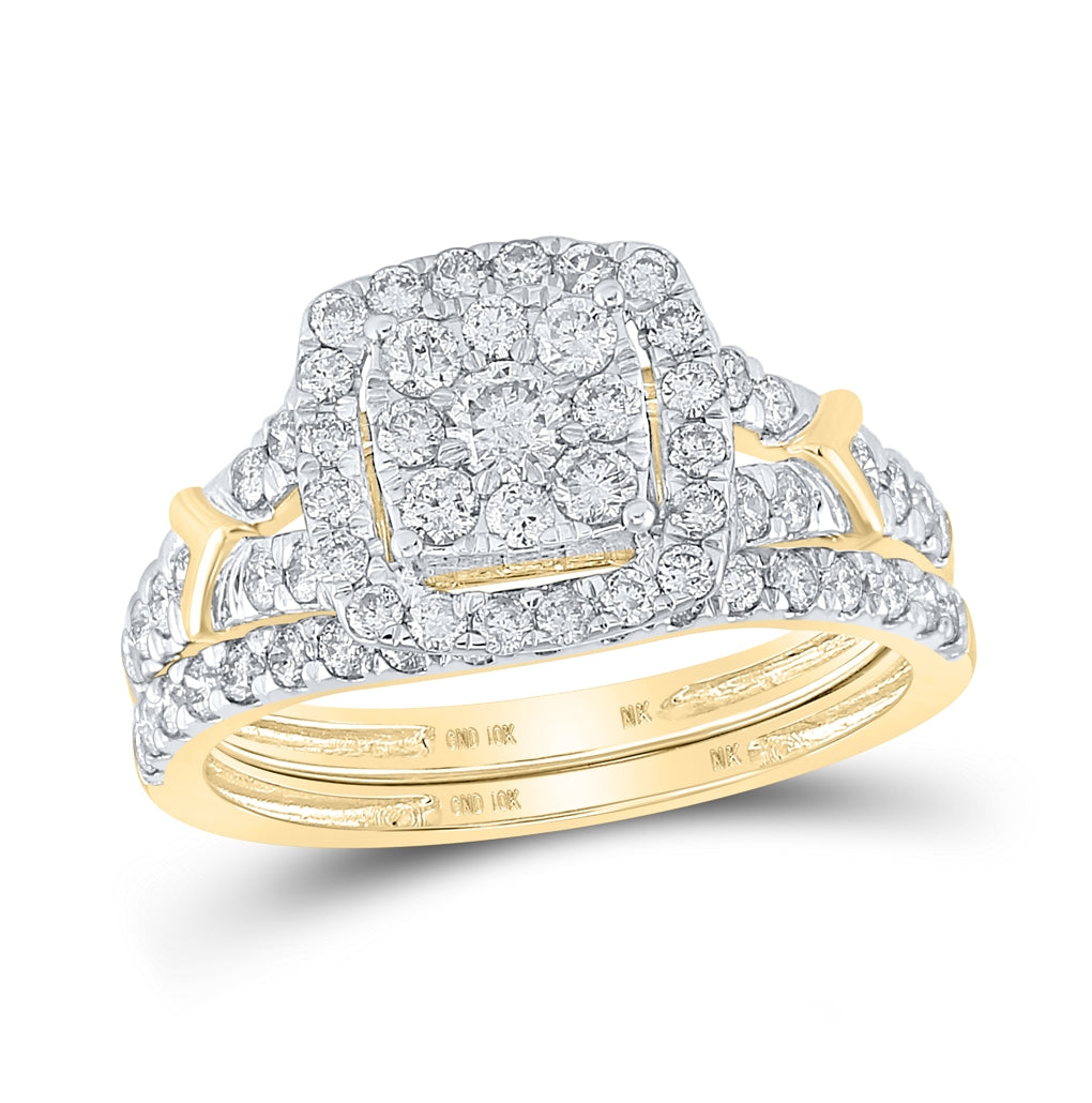10K Yellow Gold Round Dia. Cluster Bridal Wedding Ring Band Set 1ctw, Women's Size: 5-10