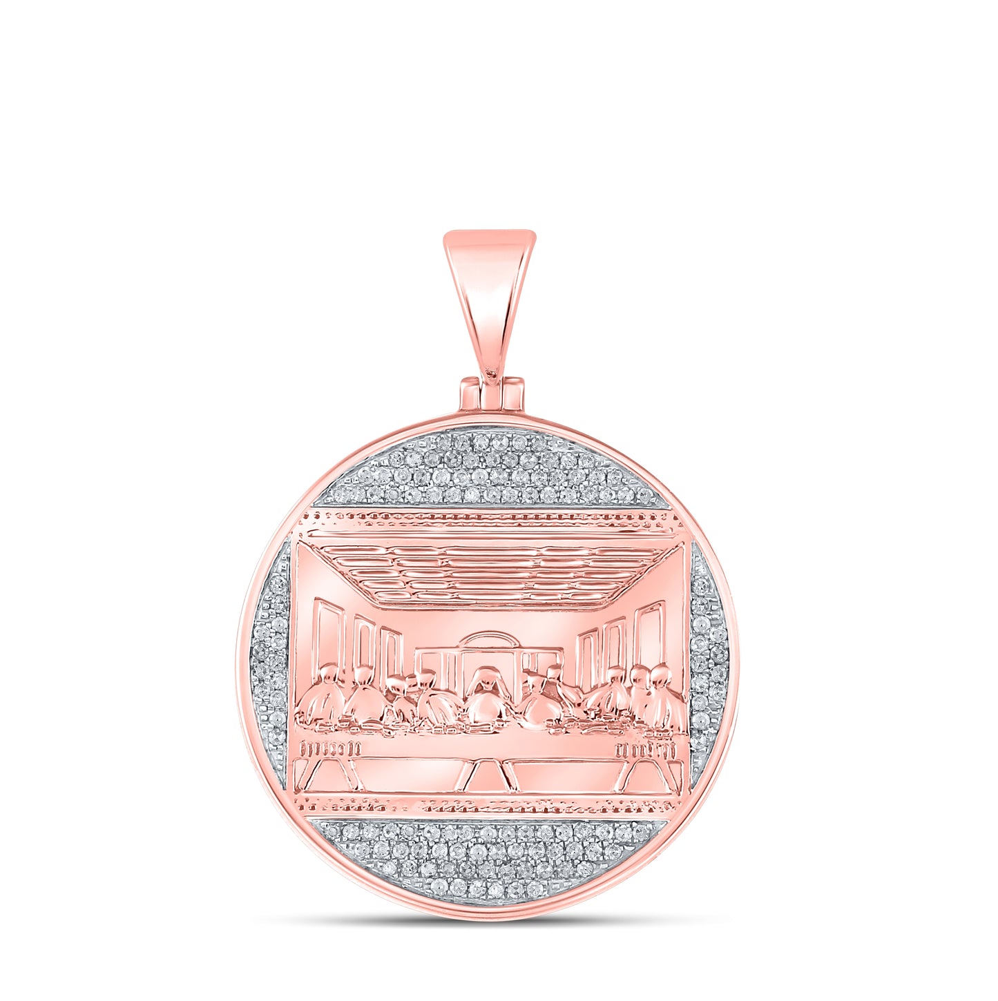 10K Rose Gold Mens Round Diamond Last Supper Circle Charm Pendant 1/2 Cttw, Length: 1.59 In, Width: 1.15 In