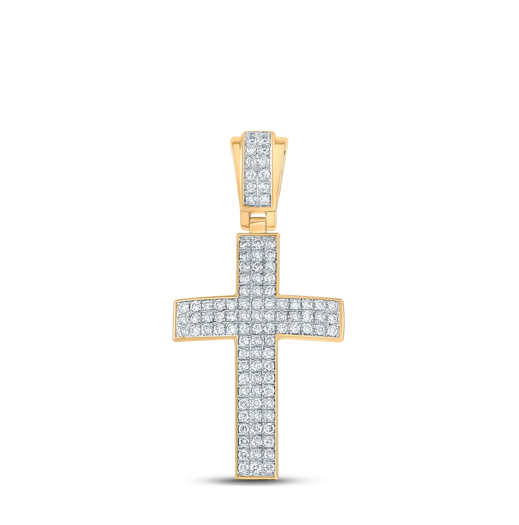 10K Yellow Gold Mens Round Diamond Cross Charm Pendant 1 Cttw, Length: 1.67 In, Width: 0.82 In