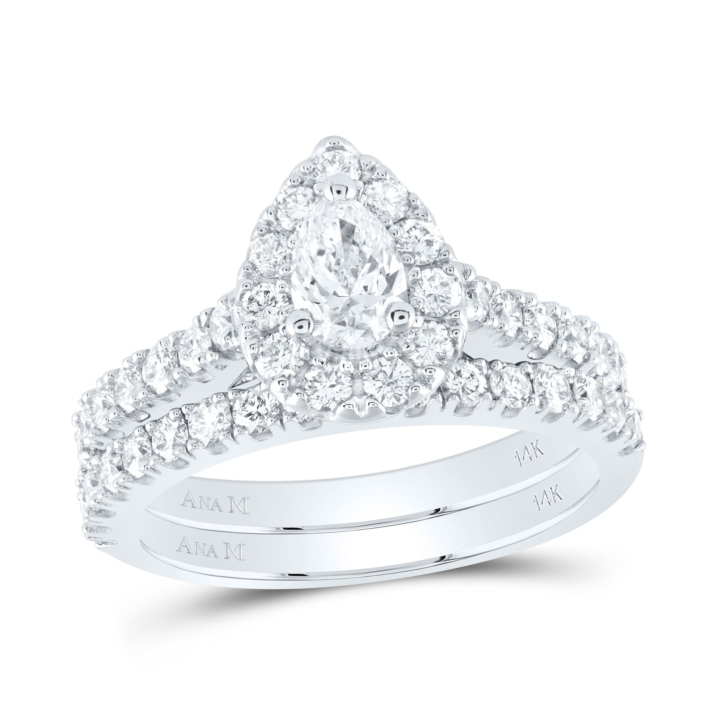 14K White Gold Pear Diamond Halo Bridal Wedding Ring Band Set 1-3/4ctw, Womens Size: 5-10