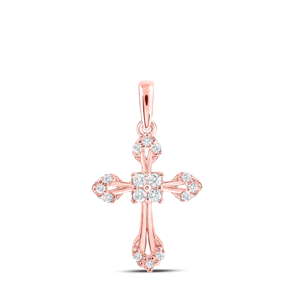 10K Rose Gold Womens Round Diamond Cross Pendant 1/6 Cttw, Length: 0.63 In