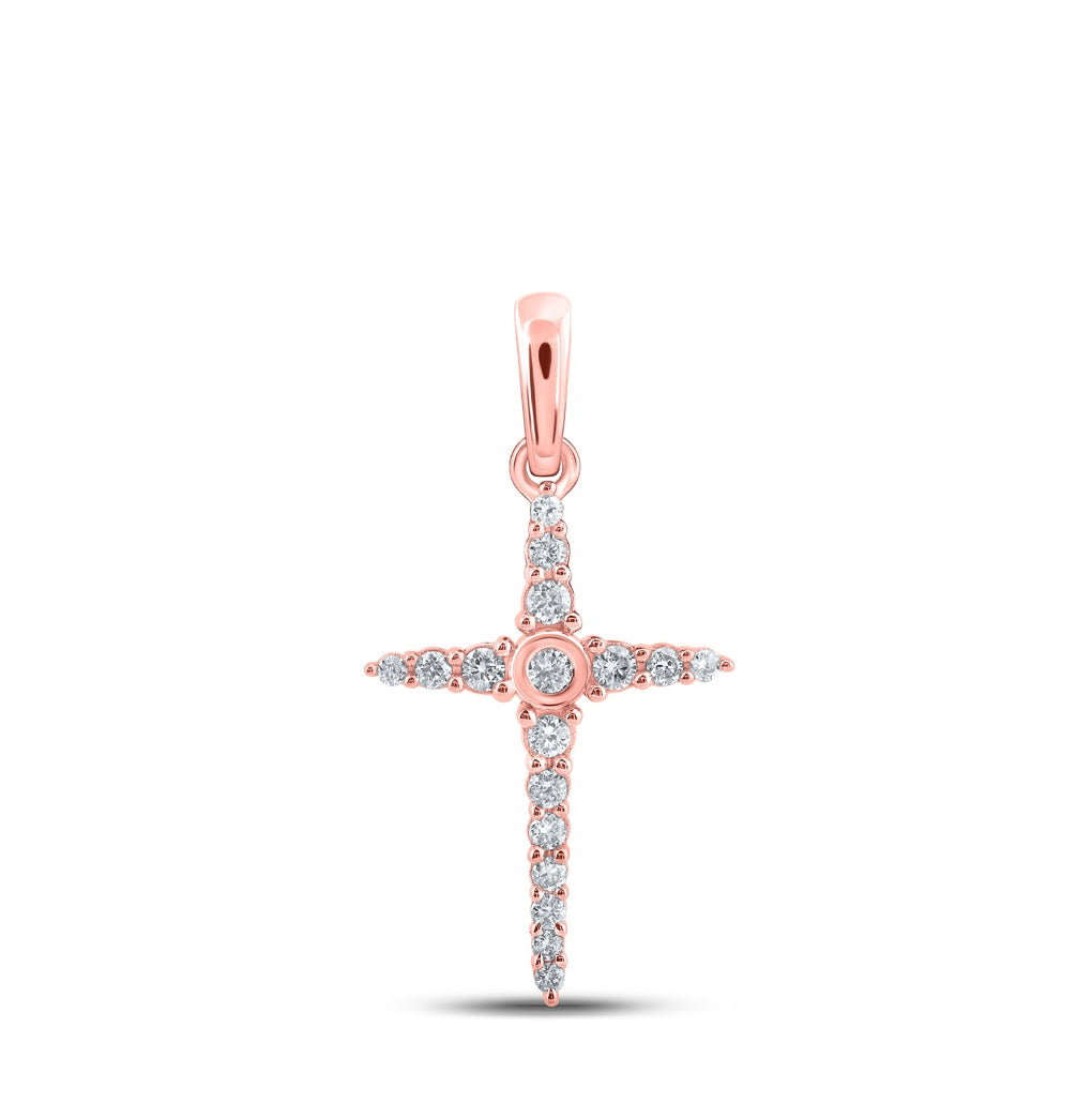 10K Rose Gold Womens Round Diamond Cross Pendant 1/6ctw, Length: 0.63 In