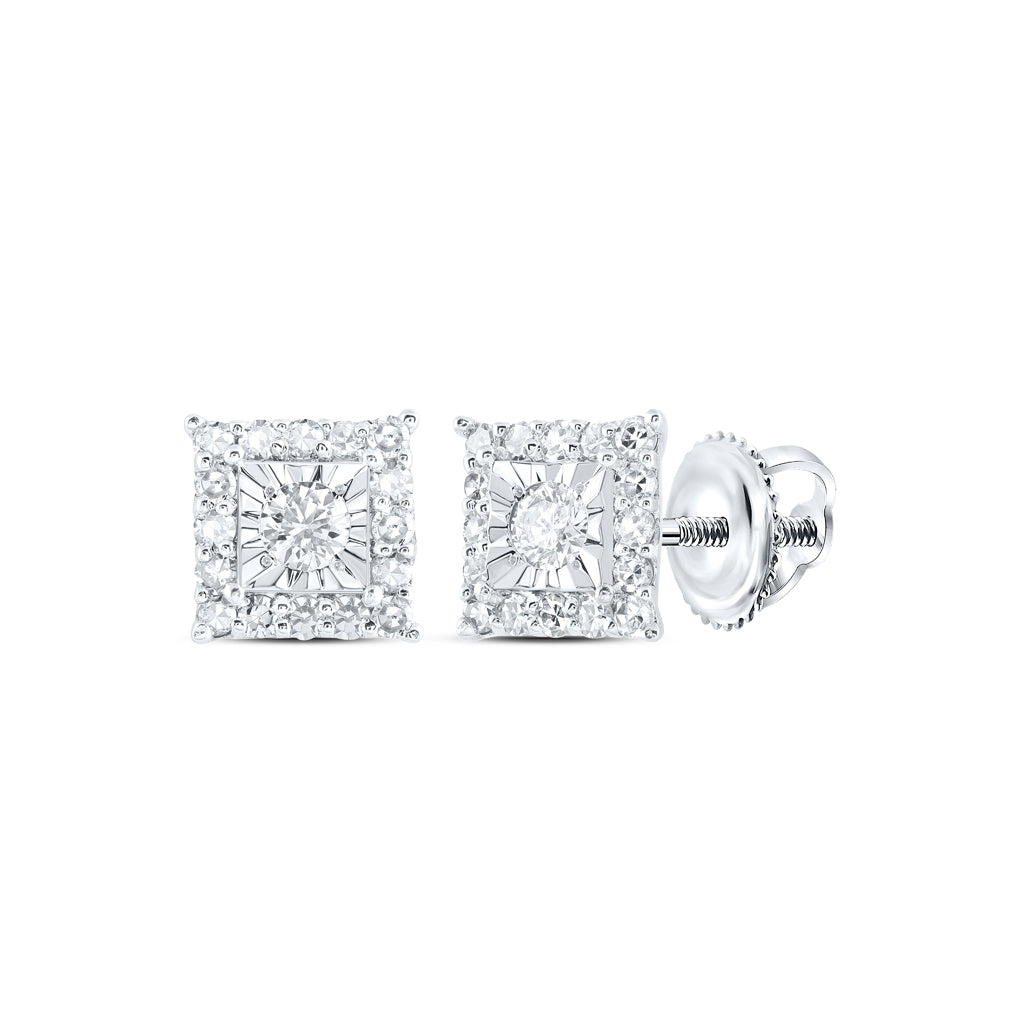10K White Or Yellow Gold Womens Round Diamond Square Earrings