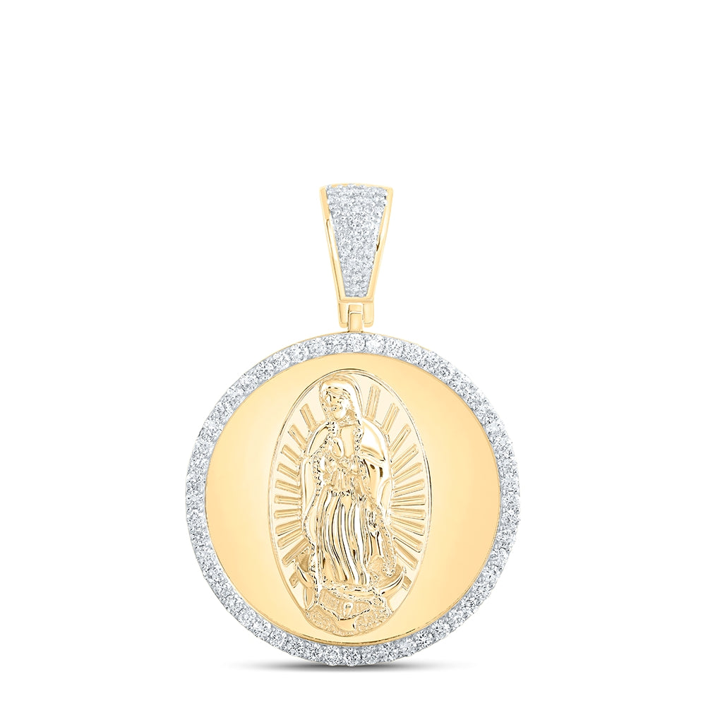 10K Yellow Gold Mens Round Diamond Guadalupe Mary Charm Pendant 1 Cttw, Length: 1.57 In, Width: 1.14 In