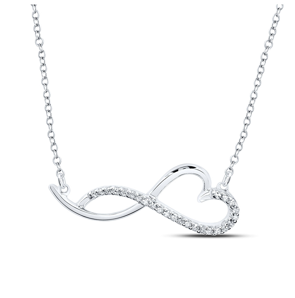 Sterling Silver Womens Round Diamond Heart Necklace 1/12 Cttw, Length: 0.34 In, Width: 0.83 In