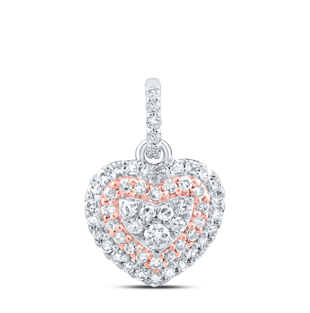 10K Two-tone Gold Womens Round Diamond Heart Pendant 1/4 Cttw, Length: 0.56 In, Width: 0.39 In