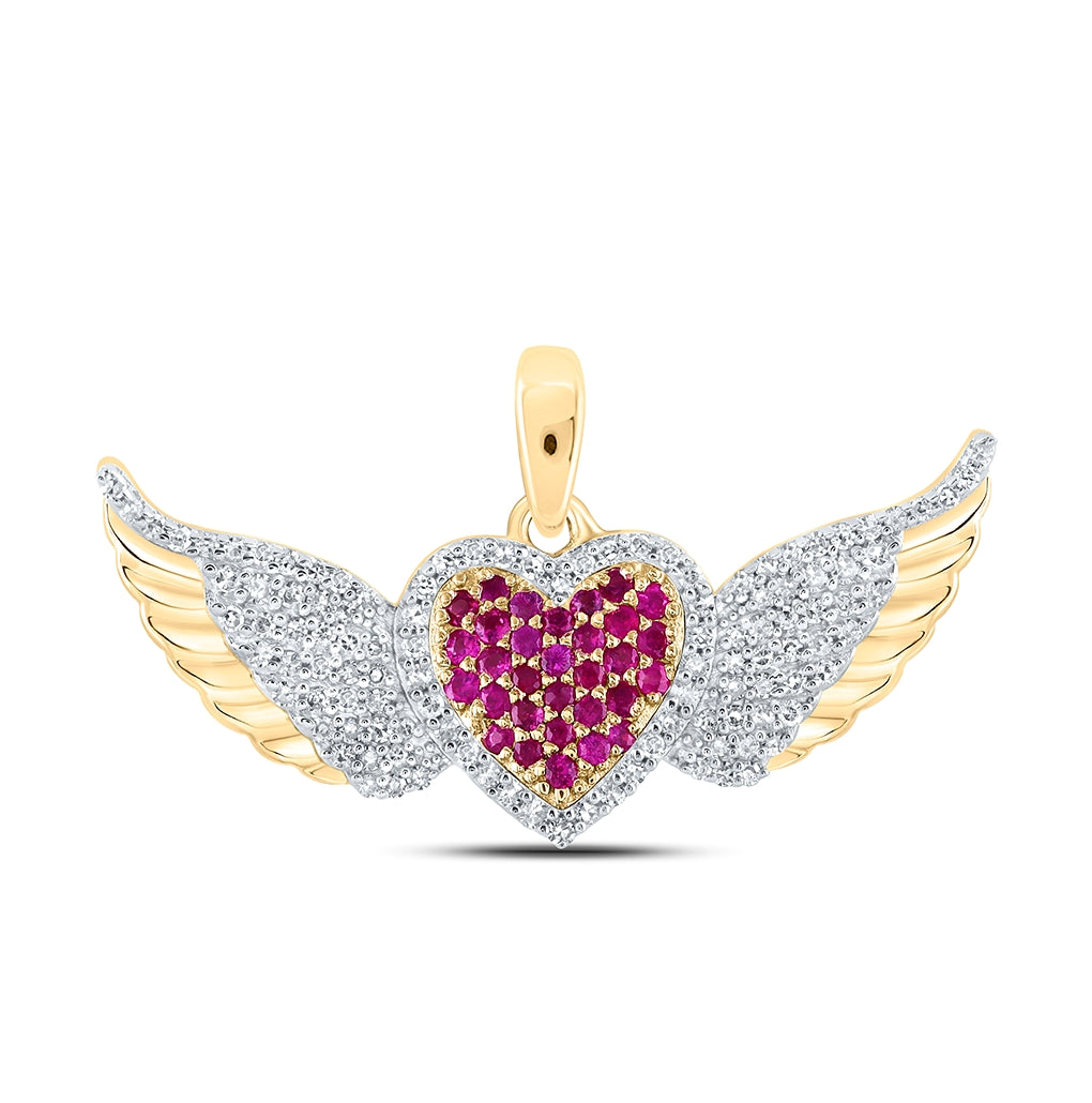 10K Yellow Gold Womens Round Ruby Diamond Wing Heart Pendant 3/8 Cttw, Length: 0.43 In, Width: 1.06 In