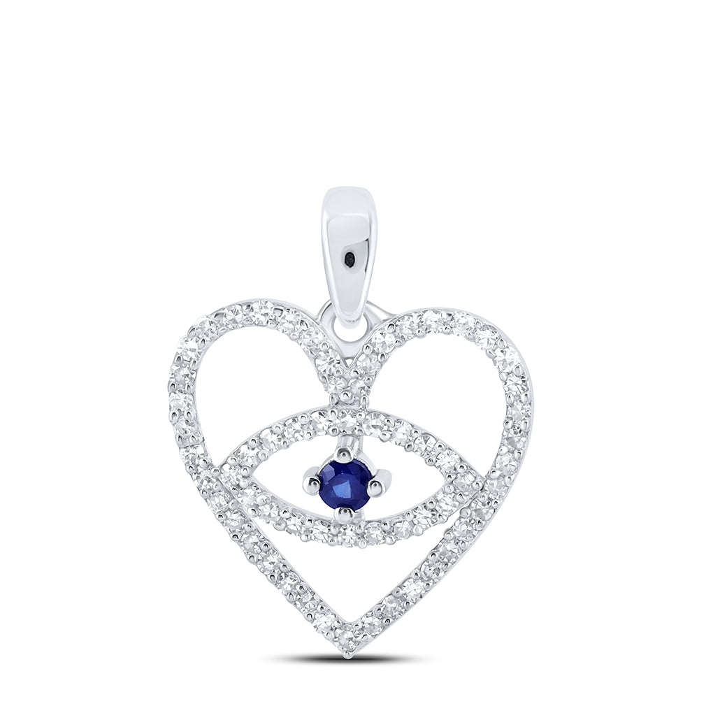 10K White Or Yellow Gold Womens Round Blue Sapphire Diamond Eye Heart Pendant