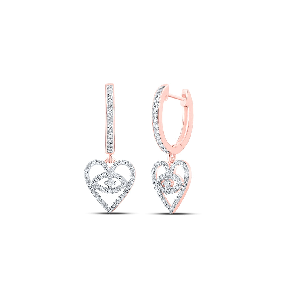 10K Yellow Or White Or Rose Gold Womens Round Diamond Heart Dangle Earrings