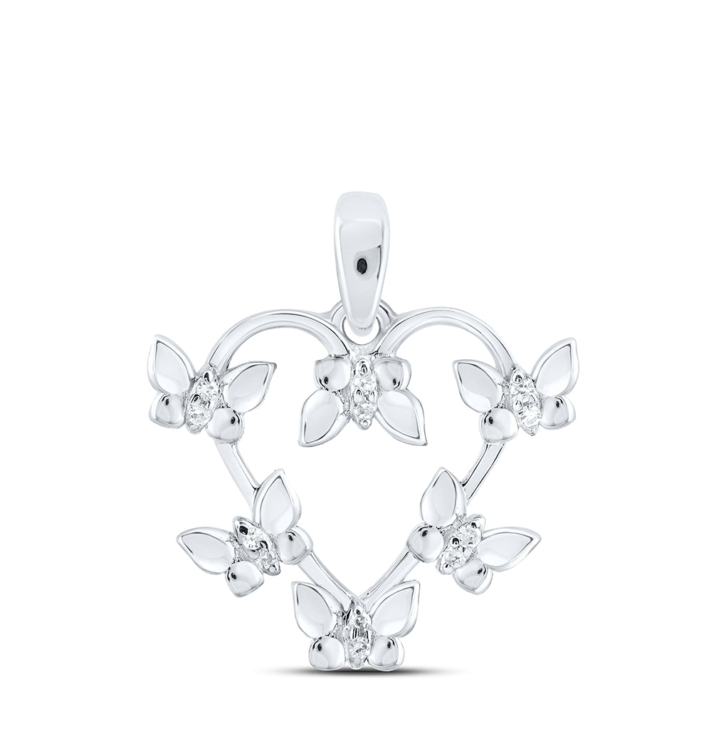 Sterling Silver Womens Round Diamond Butterfly Heart Pendant 1/20ctw, Length: 0.69 Inch Width: 0.67 Inch