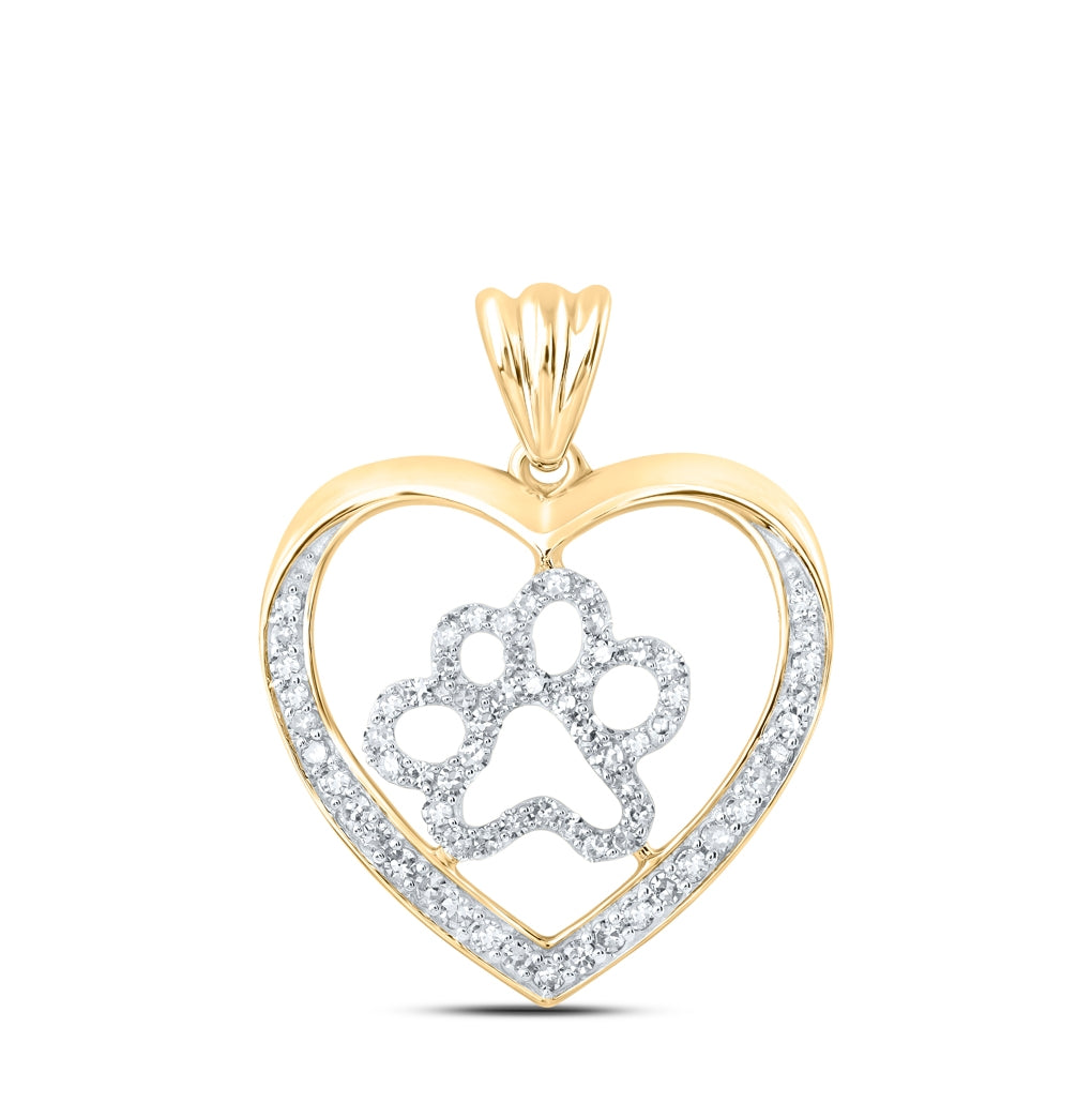 10K Yellow Or White Or Rose Gold Womens Round Diamond Paw Heart Pendant