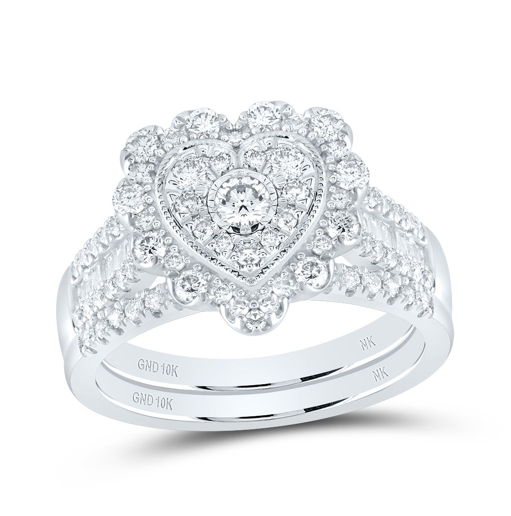 10K Yellow Or White Or Rose Gold Round Diamond Heart Bridal Wedding Ring Band Set , Womens Size: 5-10