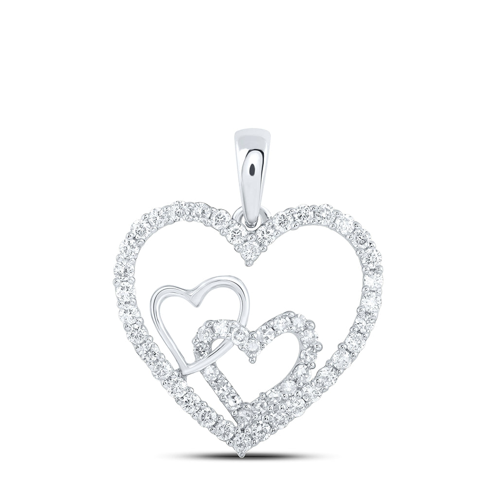 10K Yellow Or White Or Rose Gold Womens Round Diamond Nested Heart Pendant