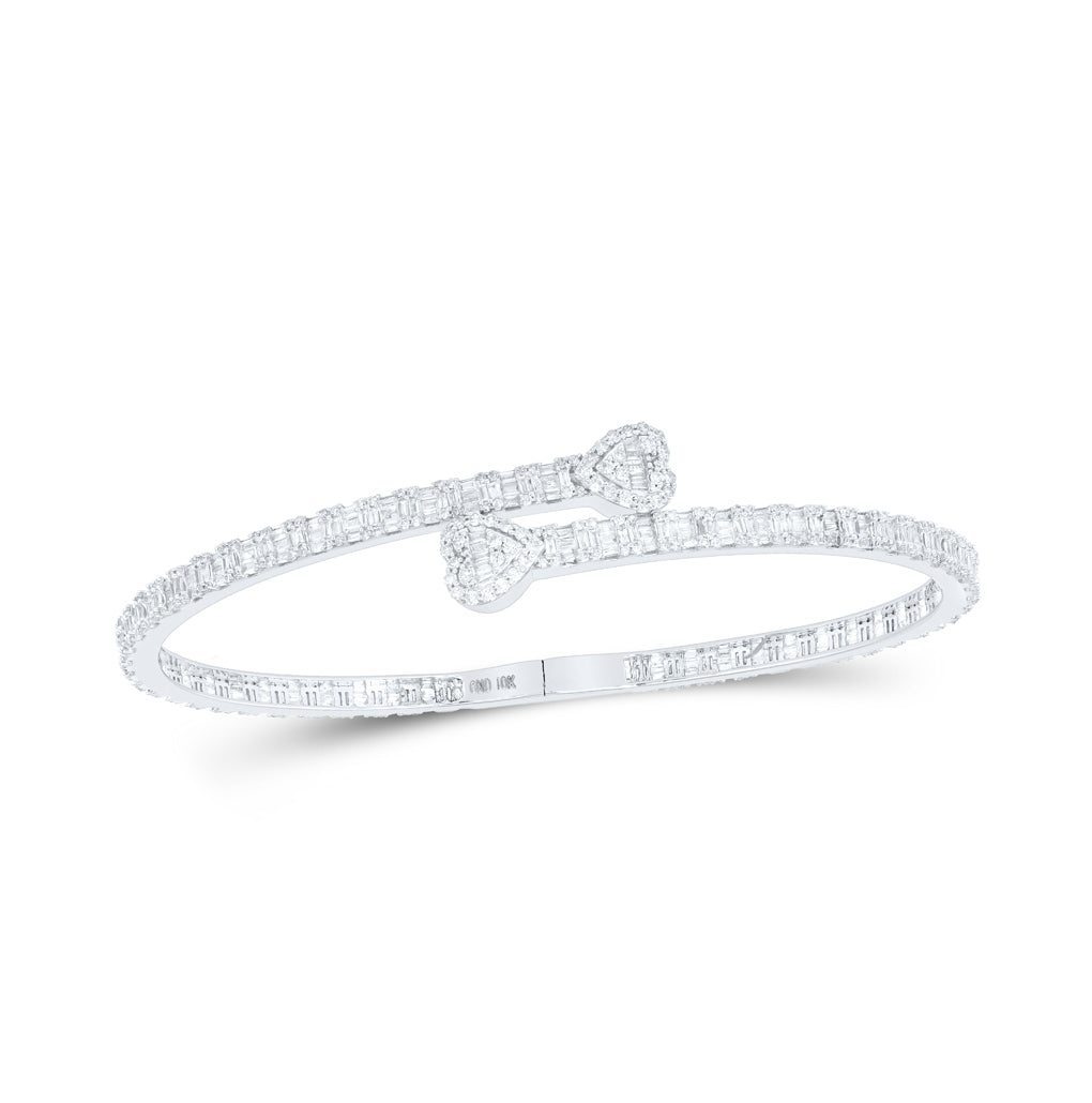 10K Yellow Or White Or Rose Gold Womens Baguette Diamond Heart Cuff Bangle Bracelet
