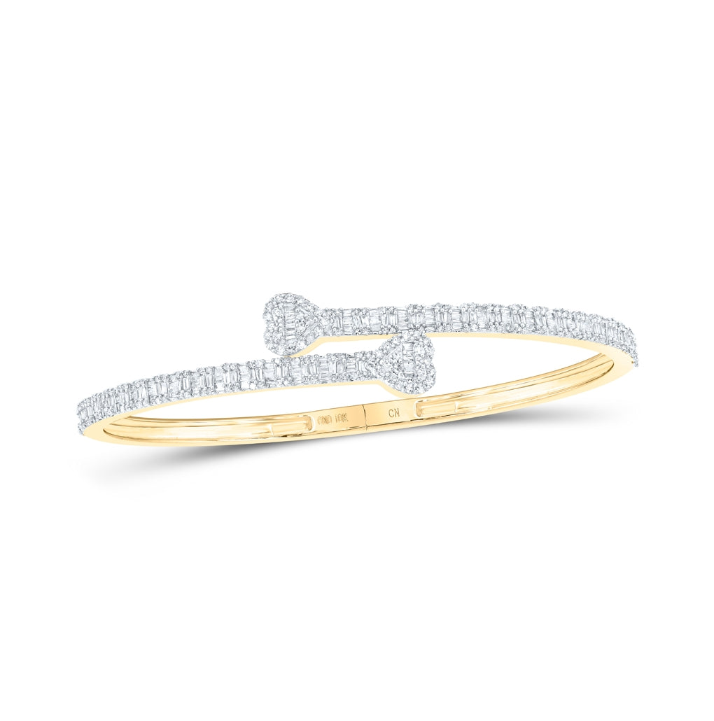 10K Yellow Or Rose Gold Womens Baguette Diamond Heart Cuff Bangle Bracelet