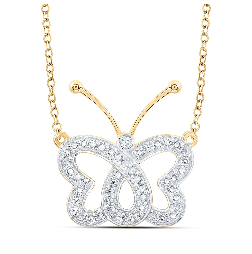 10K Yellow Or White Or Rose Gold Womens Round Diamond Butterfly Necklace