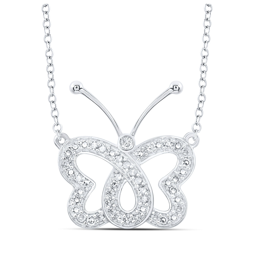 10K Yellow Or White Or Rose Gold Womens Round Diamond Butterfly Necklace