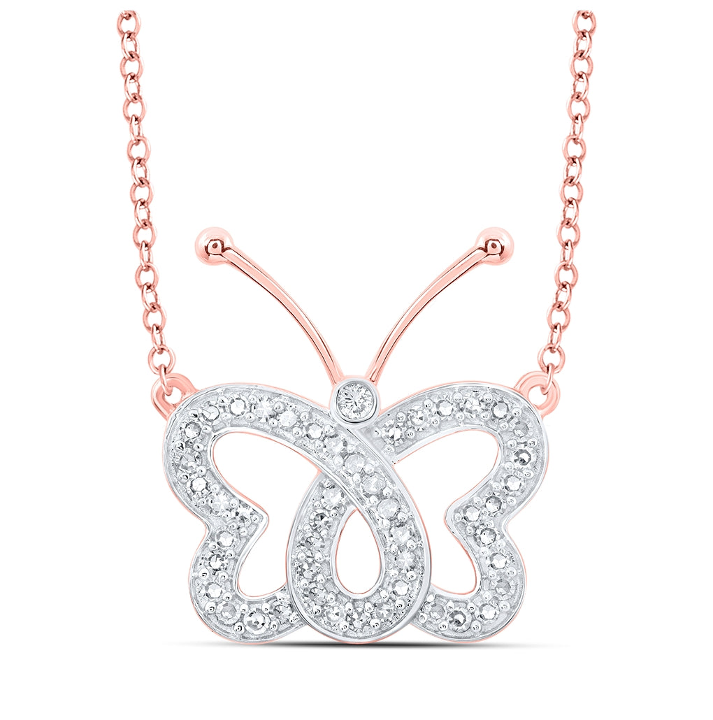 10K Yellow Or White Or Rose Gold Womens Round Diamond Butterfly Necklace