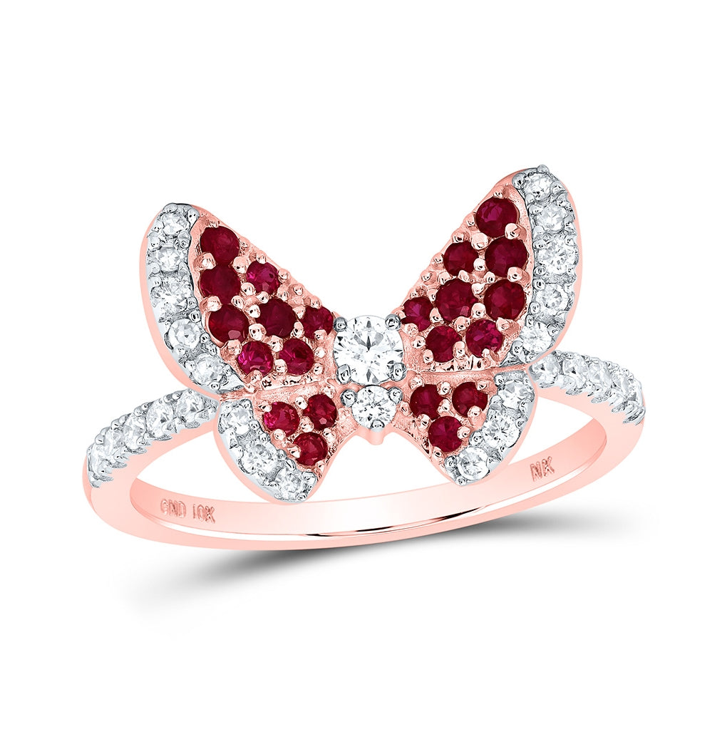 10K Rose Gold Womens Round Ruby Diamond Butterfly Ring 5/8 Cttw, Womens Size: 5-10
