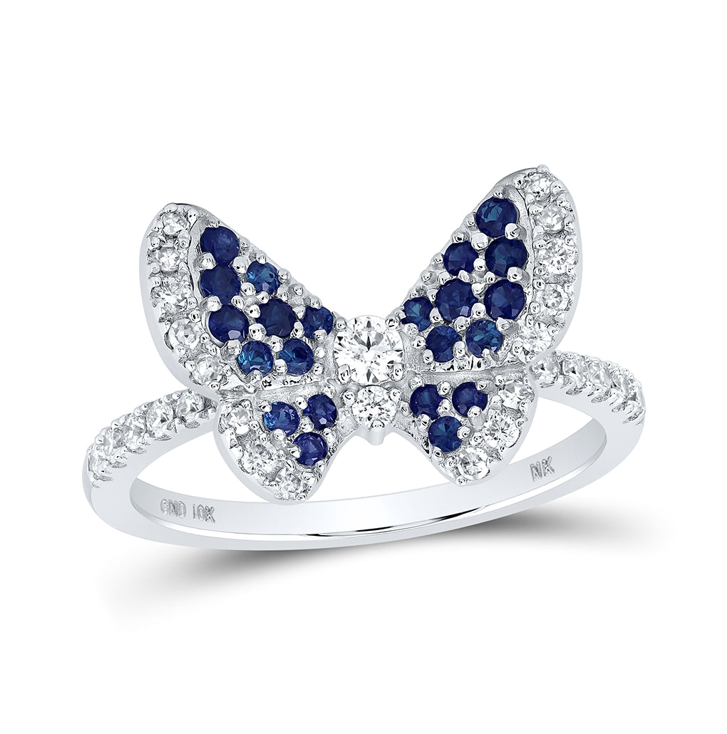 10K White Gold Womens Round Blue Sapphire Diamond Butterfly Ring 5/8 Cttw, Womens Size: 5-10