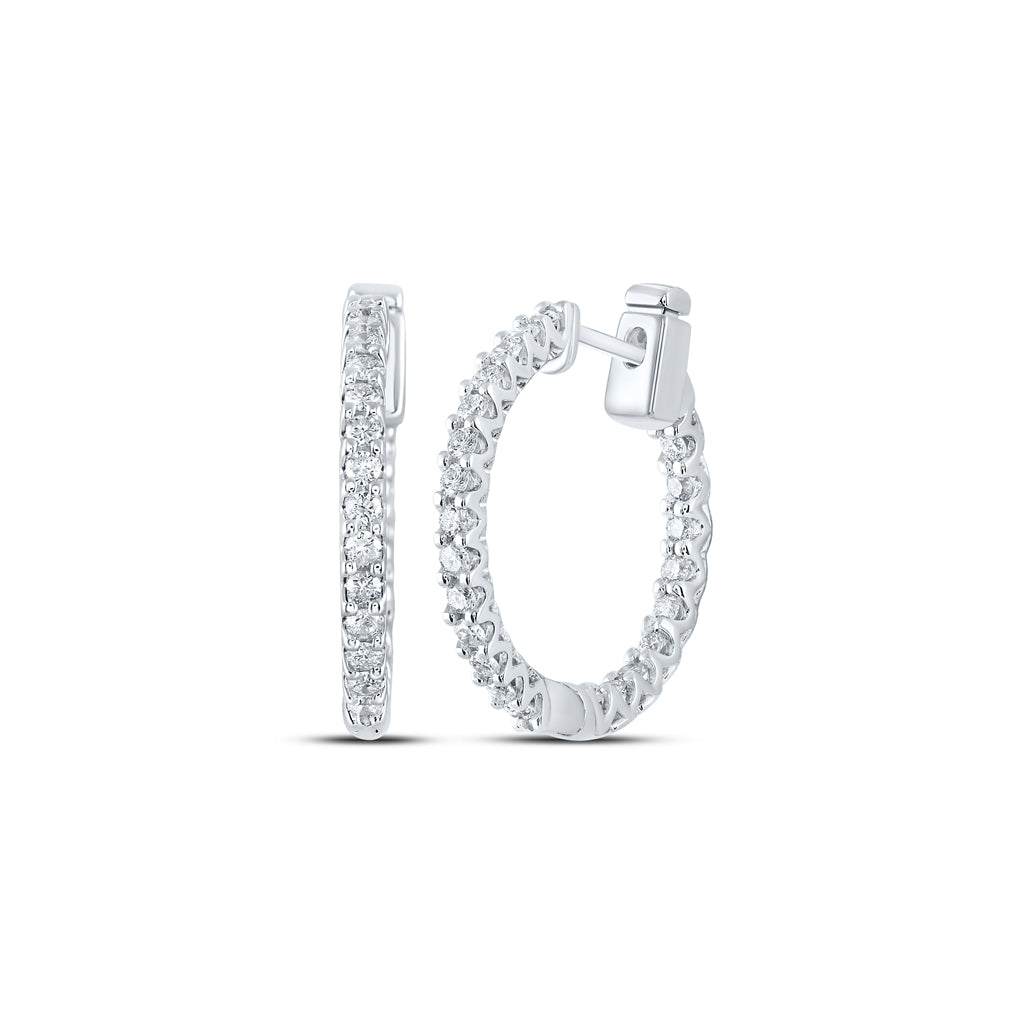 14K White Gold Womens Round Diamond Inside Outside Hoop Earrings 3/4ctw